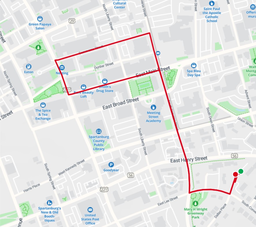 Map of the planned Pride March route. It begins on the church grounds at 210 Henry street, goes to downtown Spartanburg, and back to the church.