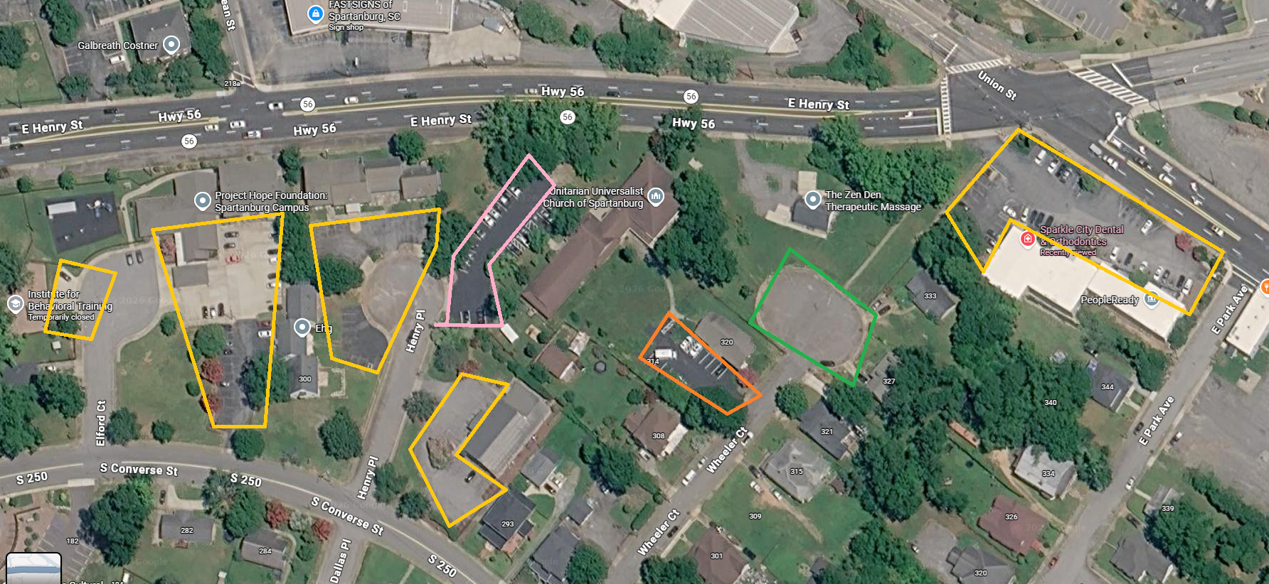 Map of parking options in the area. Color coding is explained in text below.